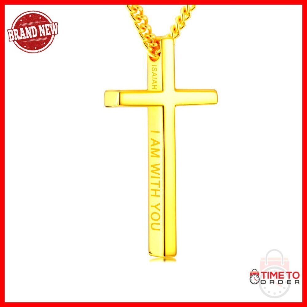 18K Gold Cross Necklace with Bible Verse Engraved Pendant 22 Inch Chain